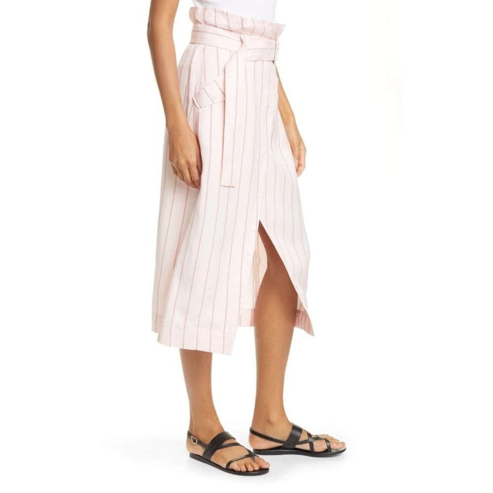 A.L.C. Avril Paperbag Waist Midi Skirt Women's 0 Pink Stripe Linen Blend Chic